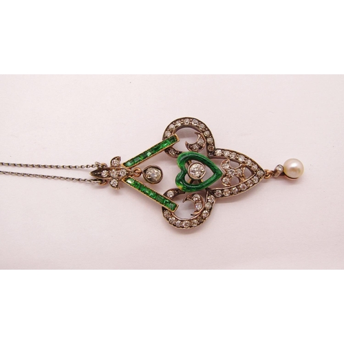 1341 - Fine Art Nouveau diamond, emerald and pearl pendant necklace in the manner of Child & Child, with em... 