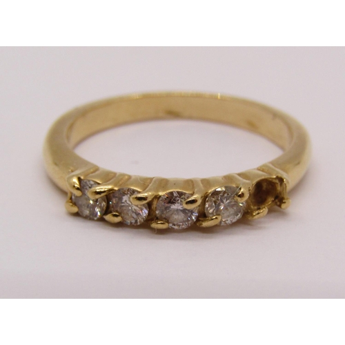 1346 - Yellow metal five stone diamond ring, stamps worn, size M, 2.5g (one stone vacant)