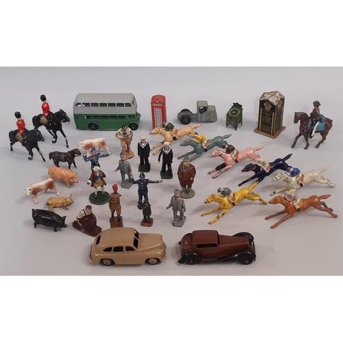 393 - Collection of lead painted and tin plate vintage  toys including 7 Chad Valley racehorses, mounted g... 