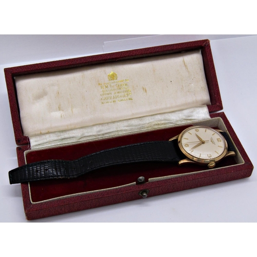 1474 - Vintage Longines gents hand wind wristwatch, 9ct gold case, gilt baton markers, central second hand ... 