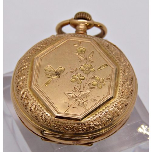 1481 - Edwardian ladies fob watch, 18k case with engine turned and foliated detail, top wind, running