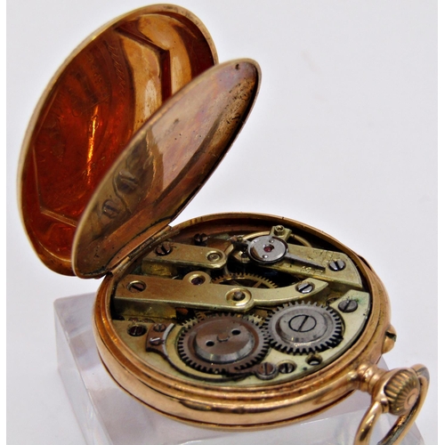 1481 - Edwardian ladies fob watch, 18k case with engine turned and foliated detail, top wind, running