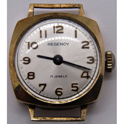 1482 - Regency ladies wristwatch in 9ct gold case and a Transglobe wristwatch, both lack straps