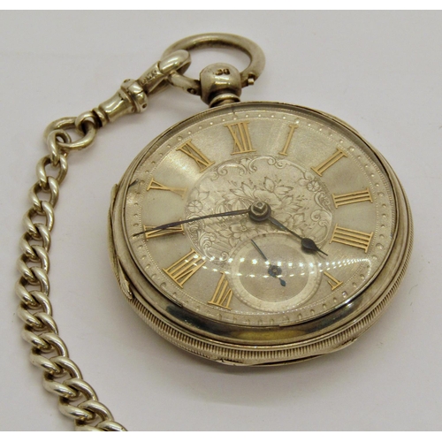 1483 - Keywound silver gents pocket watch with chased dial and silver Albert chain and fob, running, London... 