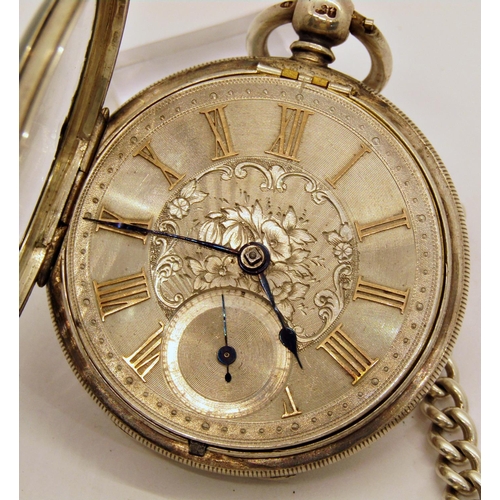 1483 - Keywound silver gents pocket watch with chased dial and silver Albert chain and fob, running, London... 