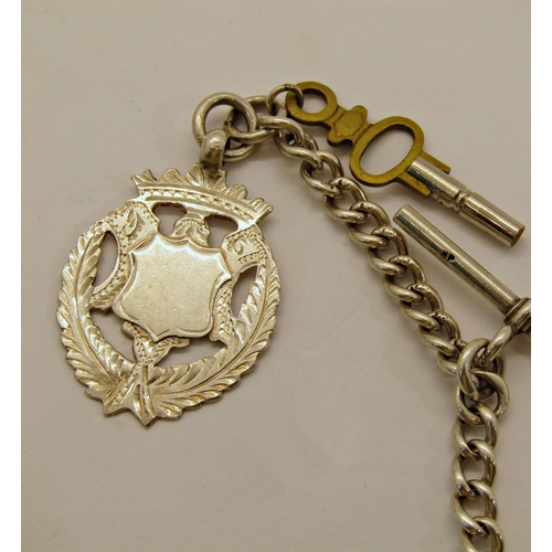 1483 - Keywound silver gents pocket watch with chased dial and silver Albert chain and fob, running, London... 