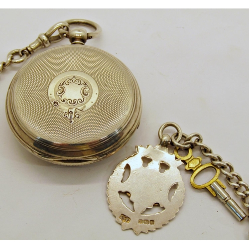 1483 - Keywound silver gents pocket watch with chased dial and silver Albert chain and fob, running, London... 