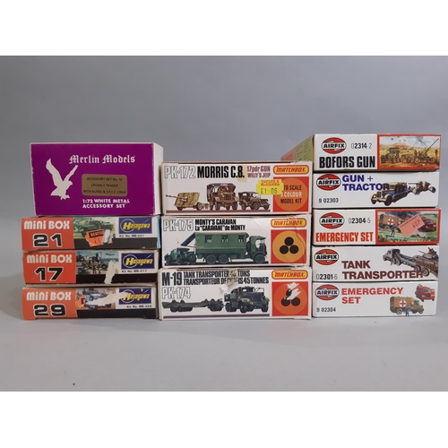 382 - 12 model kits of military and emergency rescue vehicles including kits by Airfix, Hasegawa, Matchbox... 