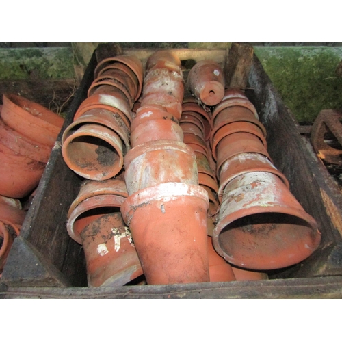 2019 - Three vintage wooden crates containing a quantity of terracotta flower pots of varying size approxim... 