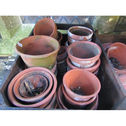 2019 - Three vintage wooden crates containing a quantity of terracotta flower pots of varying size approxim... 