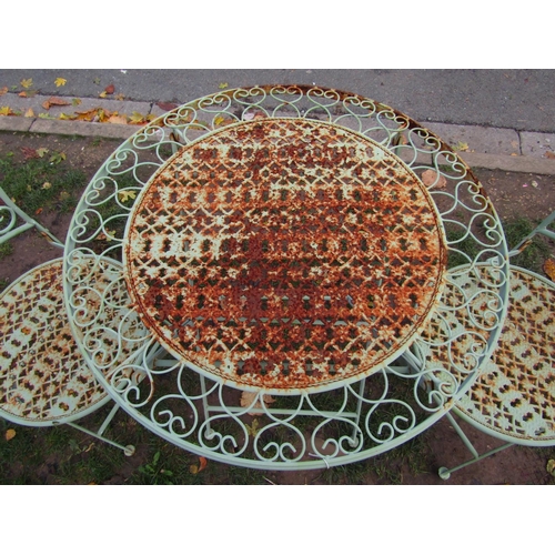 2047 - A three piece light green painted folding steel garden terrace set with decorative pierced detail, t... 