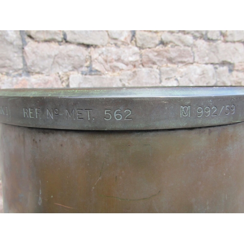 2063 - M.O. Tilting Syphon rain recorder Mark I REF No MET 562 in copper, weathered/verdigris, 85 cm high