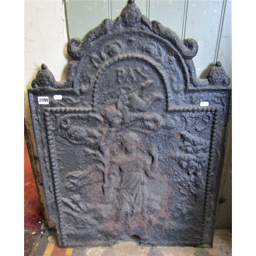 2099 - An antique cast iron fire back with raised relief detail of a maiden in a woodland setting dated 167... 