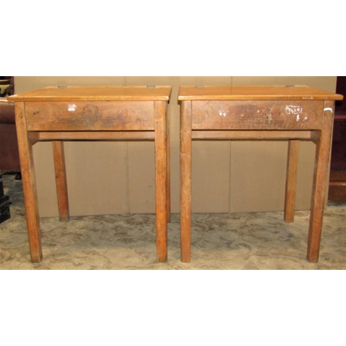 2195 - Two vintage beechwood school desks with hinged lids, 62 cm wide x 48 cm deep x 71 cm high (af)