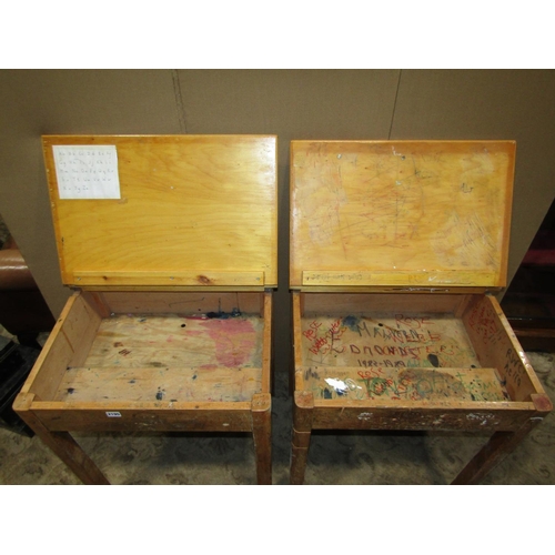 2195 - Two vintage beechwood school desks with hinged lids, 62 cm wide x 48 cm deep x 71 cm high (af)