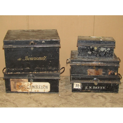 2196 - Four vintage japanned tin deed boxes together with a further japanned cash box (5)