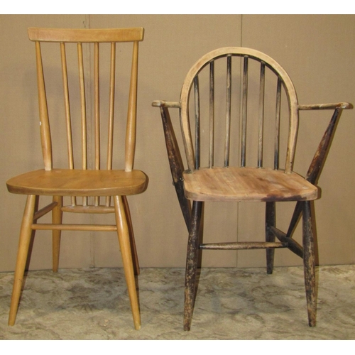 2208 - Three light Ercol elm and beechwood stick back dining chairs of varying design, together with other ... 