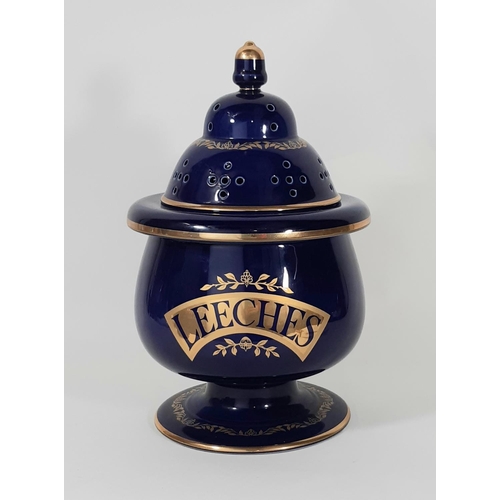 1003 - A large traditional Leech jar and cover in a gold and blue colourway (Royal Pharmaceutical Society 1... 