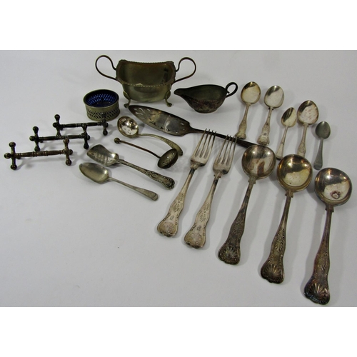 1183 - A small quantity of loose silver plated flatware, some Mappin & Webb King’s pattern and two sauce bo... 