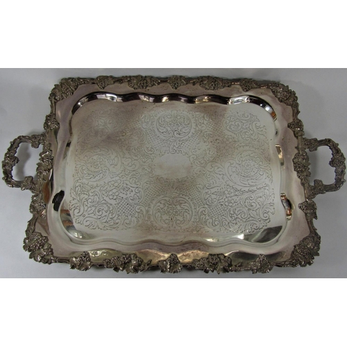 1186 - A large Victorian highly decorated with vine leaves and grapes silver plated tray with two handles a... 