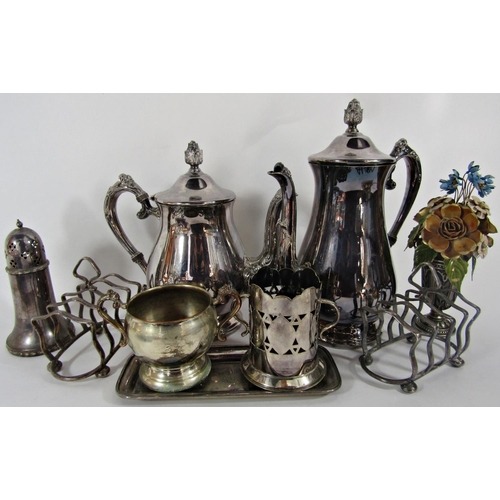 1188 - A miscellaneous collection of silver plated table ware including, two coffee pots, a pair of circula... 