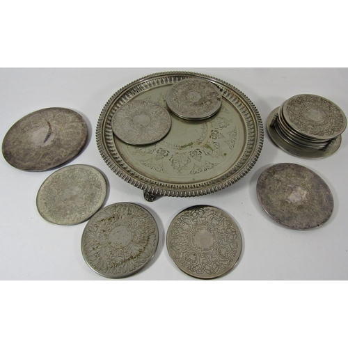 1189 - A good selection of silver plated items including a circular salver raised on cabriole legs, a scalp... 