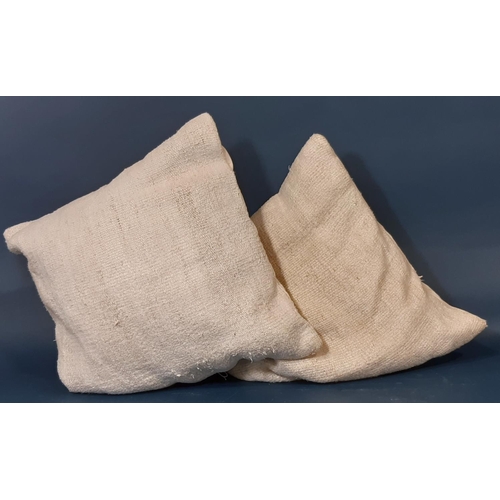 1584 - 2 cream coloured cushions with front made from salvaged kelim style cloth  backed verso with new cot... 