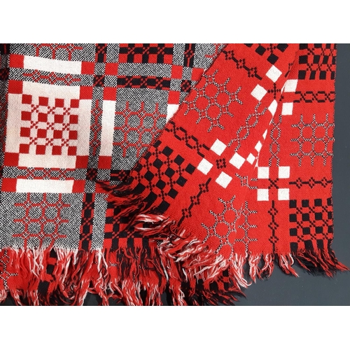 1593 - Reversible Welsh blanket with double weave in red, black and white/pale pink colours, 2.1 x2m includ... 