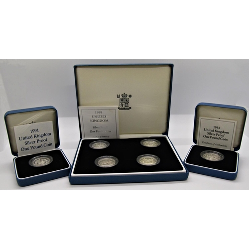 506 - Silver proof one pound coins 1999 four coin set 1990, 91, 93, 2003, 4, 5, 6, 12 coins in total