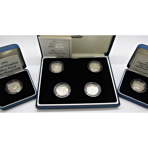 506 - Silver proof one pound coins 1999 four coin set 1990, 91, 93, 2003, 4, 5, 6, 12 coins in total