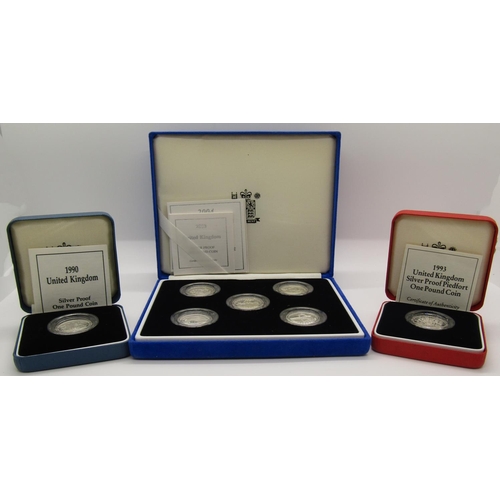 506 - Silver proof one pound coins 1999 four coin set 1990, 91, 93, 2003, 4, 5, 6, 12 coins in total