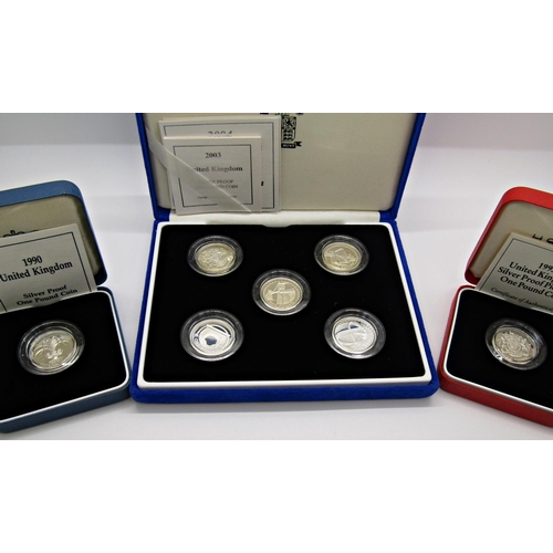 506 - Silver proof one pound coins 1999 four coin set 1990, 91, 93, 2003, 4, 5, 6, 12 coins in total