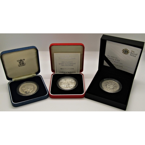 508 - Silver proof coinage 1996 crown Queen Elizabeth II 70th Birthday, 2003 £5 Jubilee coin, 2009 £5 Henr... 