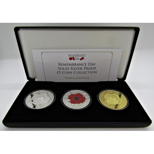 497 - Proof Remembrance Day three coin £5 collection, Tristan du Cunha, cased, Platinum Wedding Anniversar... 