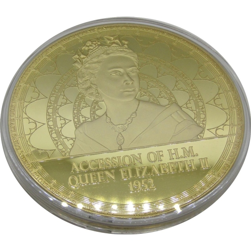 510 - Four gold plated Jumbo strike medallions:- all 100 mm in diameter commemorating the Accession of Her... 