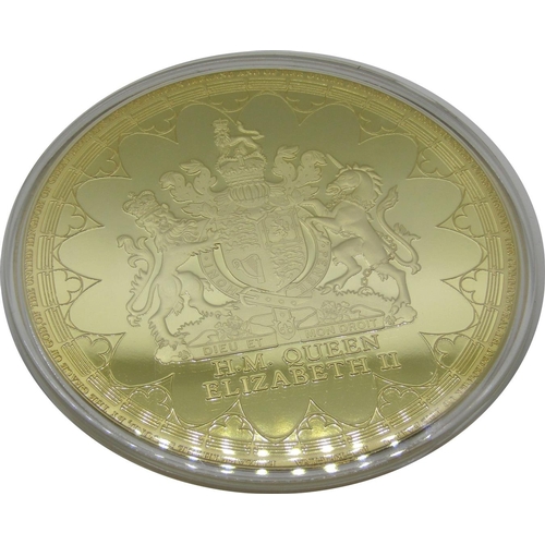 510 - Four gold plated Jumbo strike medallions:- all 100 mm in diameter commemorating the Accession of Her... 