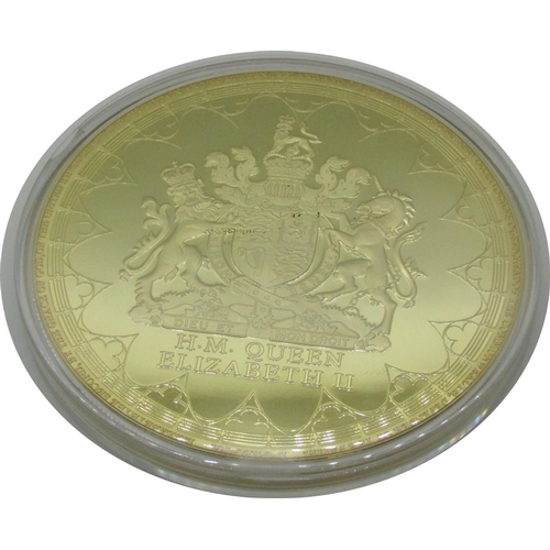 510 - Four gold plated Jumbo strike medallions:- all 100 mm in diameter commemorating the Accession of Her... 