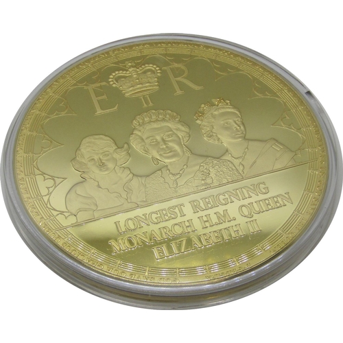 510 - Four gold plated Jumbo strike medallions:- all 100 mm in diameter commemorating the Accession of Her... 