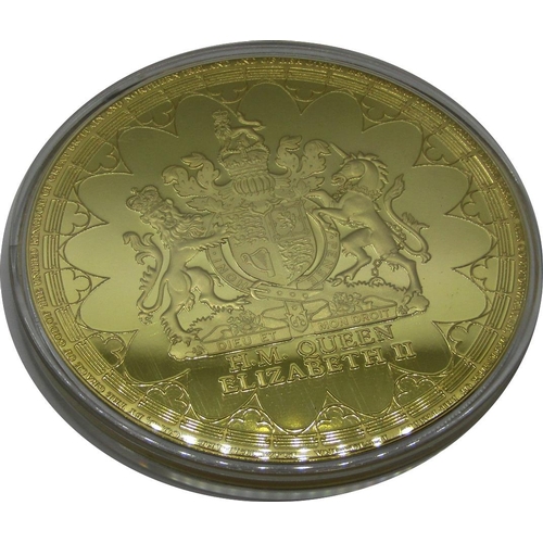 510 - Four gold plated Jumbo strike medallions:- all 100 mm in diameter commemorating the Accession of Her... 