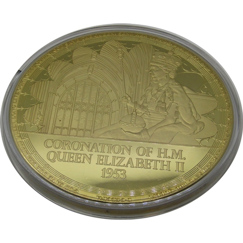 510 - Four gold plated Jumbo strike medallions:- all 100 mm in diameter commemorating the Accession of Her... 