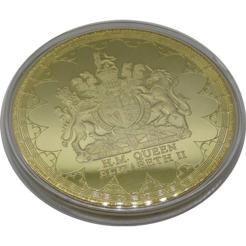 510 - Four gold plated Jumbo strike medallions:- all 100 mm in diameter commemorating the Accession of Her... 