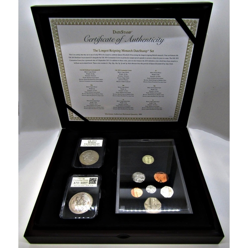 514 - The Longest Reigning Monarch Date Stamp Set 1953, Crown 2015 £5 and seven other coins £1-1p, cased, ... 