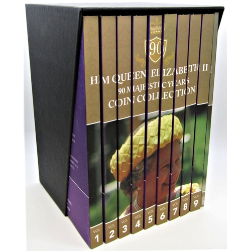 521 - Boxed set 9 volumes H M Queen Elizabeth II 90 Majestic years coin collection