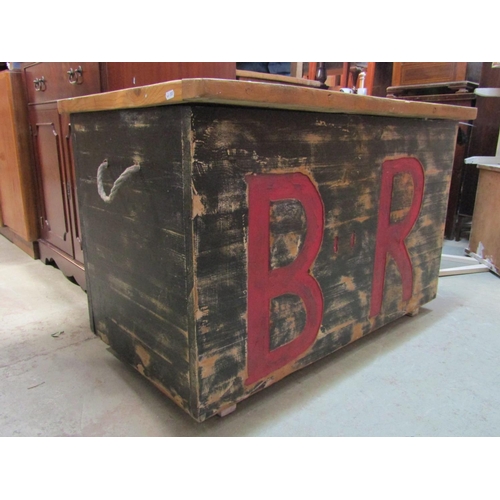 2288 - A substantial reclaimed pine box with hinged lid, partially painted finish and initialled B R, 105 c... 