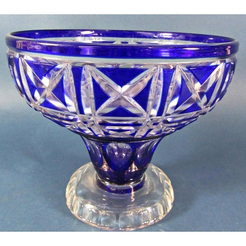 1165 - A Cobalt Blue cut glass fruit bowl raised on a clear foot, 19cm high x 23cm diam, sixteen tumblers, ... 