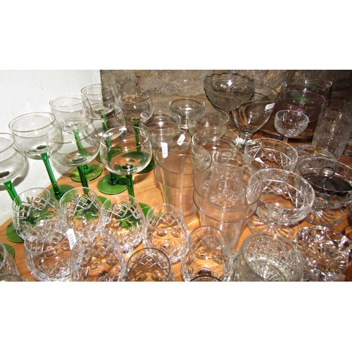 1167 - A good selection glassware, including ten tall green stemmed hock glasses, finger bowls, glass washi... 