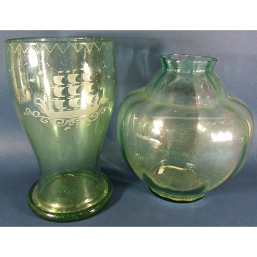 1168 - A handblown Continental sea green bubble vase with engraved galleon detail 30cm high, another pale g... 