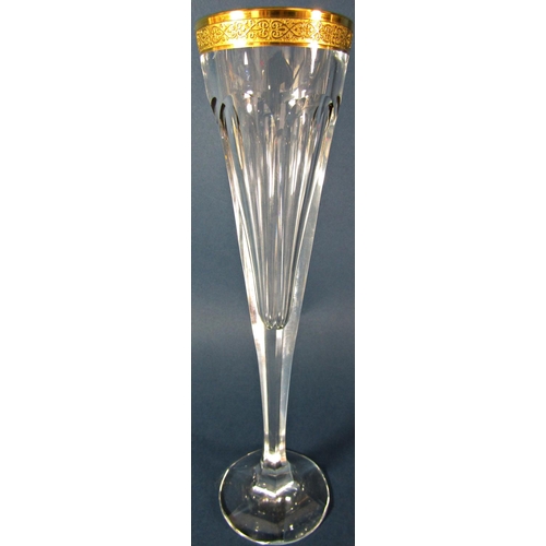 1174 - A pair of Moser hand cut facetted crystal Champagne flutes with 24 carat gold rim, made in Czechoslo... 