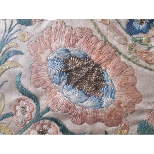 1591 - 18th century Spanish embroidered silk panel with a floral design in satin stich arranged in quadrant... 