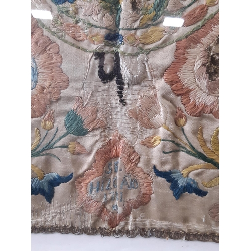 1591 - 18th century Spanish embroidered silk panel with a floral design in satin stich arranged in quadrant... 